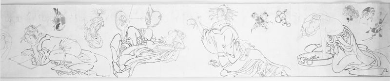 Bocetos Ukiyo-e de Katsushika Hokusai, tinta sobre papel que representa figuras en movimiento.