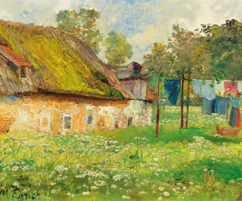 Secando roupas, óleo sobre tela de Marie Egner, retratando tecidos coloridos balançando ao sol.