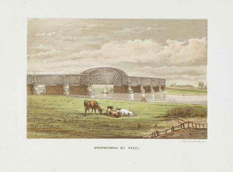Spoorwegbrug bij Hedel, óleo sobre tela de Emrik & Binger mostrando uma ponte sobre um rio