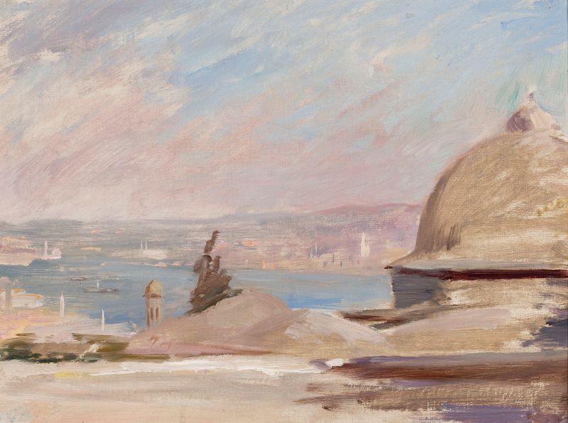 Cena marinha com barcos em água cintilante, óleo sobre tela de Jan Ciągliński
