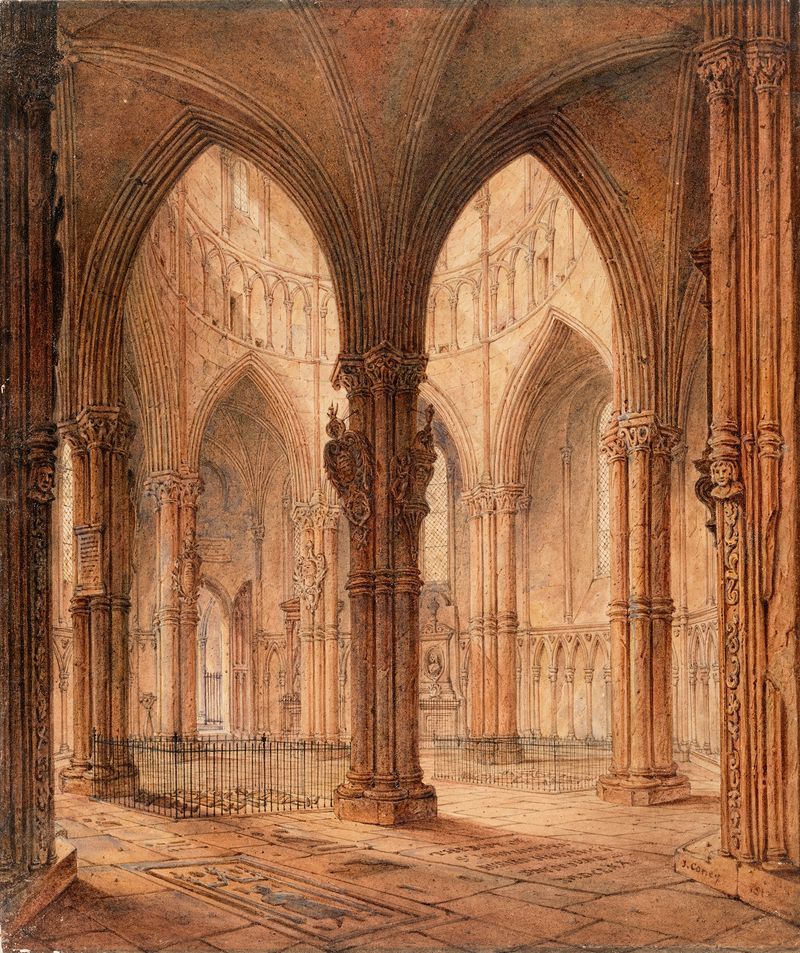 O Interior da Temple Church, Londres de John Coney, retratando arcos de pedra e luz de vitrais, pintura a óleo