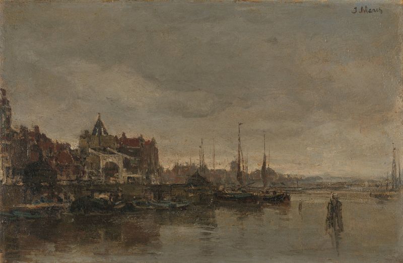 Oil painting by Jacob Maris depicting a bridge over a canal in Amsterdam
