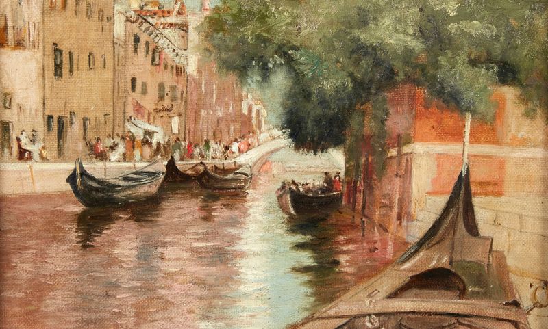 Canal Scene by Francis Hopkinson Smith, impressionism, depicting boats on tranquil water.