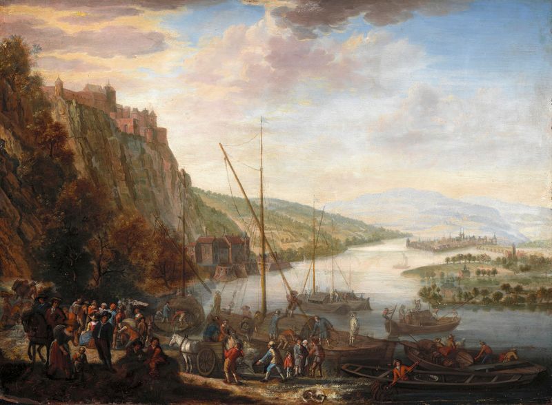 A River Landscape de Barend van Kalraet, pintura al óleo que representa un río y árboles.