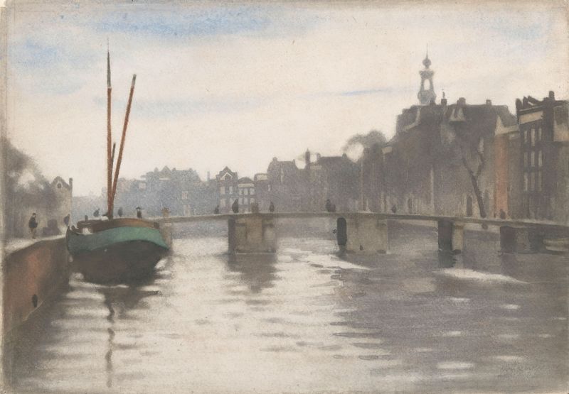 Pintura a óleo de Willem Witsen representando um canal ao entardecer com árvores e reflexos