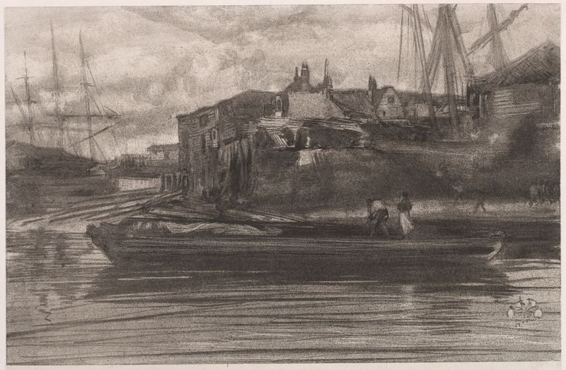 Limehouse de James Abbott McNeill Whistler, óleo que mostra edifícios e água envoltos em névoa.
