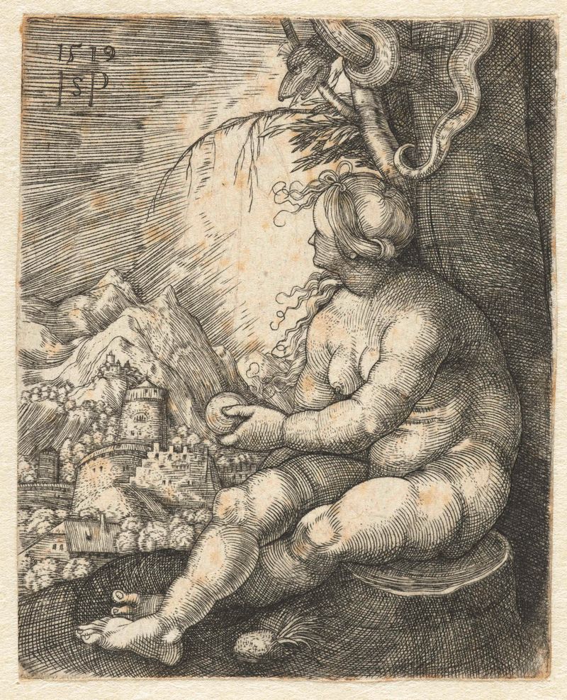 Grabado de Hans Sebald Beham de una mujer sosteniendo una manzana mientras está sentada en un tronco de árbol.