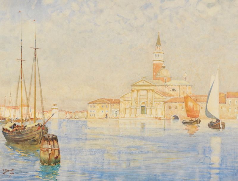 San Giorgio Maggiore, Venice by Reginald Barratt, oil on canvas depicting a church and water.