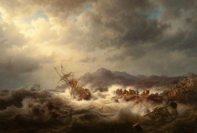 Oil on canvas by Marcus Larson depicting a shipwreck in the sea.