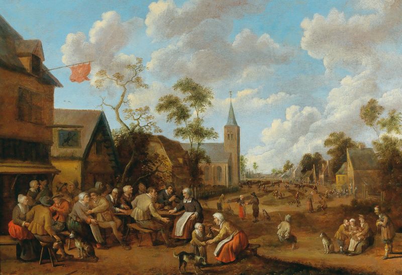 Genre scene depicting a village feast by Joost Cornelisz Droochsloot, oil painting