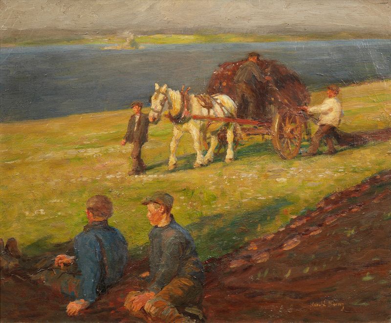 Figurative scene with figures handling nets, oil painting by Harold Harvey