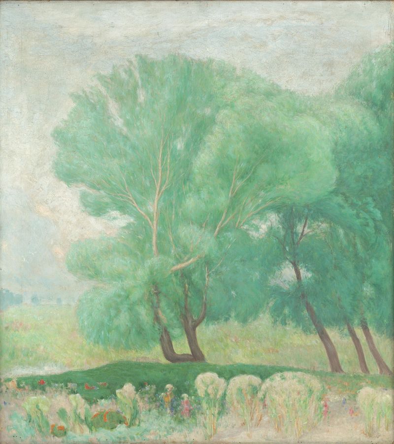 Landscape with Trees by Karol Miloslav Lehotský, oil painting depicting a vibrant forest scene.