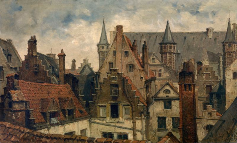 The Vleeshuis, Old Roofs and Crow-Stepped Gables by Henri François Schaefels, oil on canvas