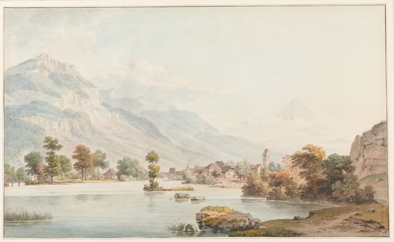 Landscape with a river and village by Johann Ludwig Aberli, oil painting