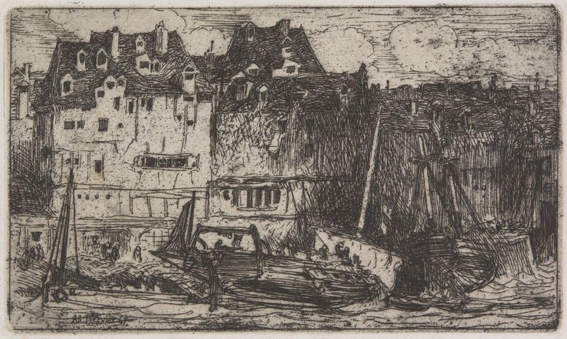 Beached boats on a shore, oil on canvas by Louis-Adolphe Hervier