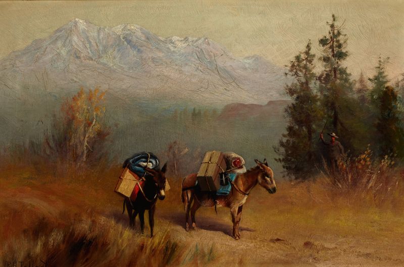 O Prospector de Richard Tallant, pintura a óleo de um garimpeiro em uma paisagem acidentada