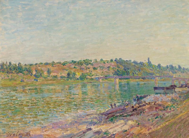 Paisaje con colinas y un río en Les Coteaux De La Celle-Sous-Moret, Vus De Saint-Mammès de Alfred Sisley, pintura al óleo.