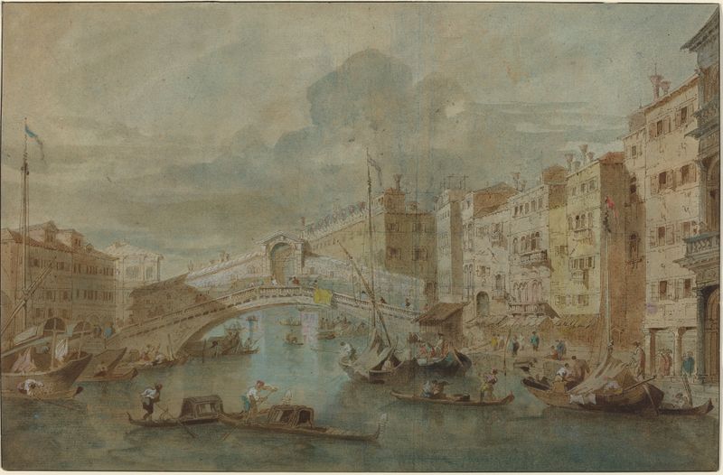 Rococo architecture of Rialto Bridge, Venice by Francesco Guardi, oil painting