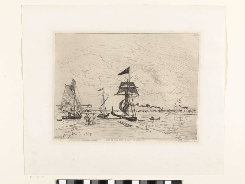 Grabado de Johan Barthold Jongkind que representa un muelle de madera que se extiende hacia aguas tranquilas