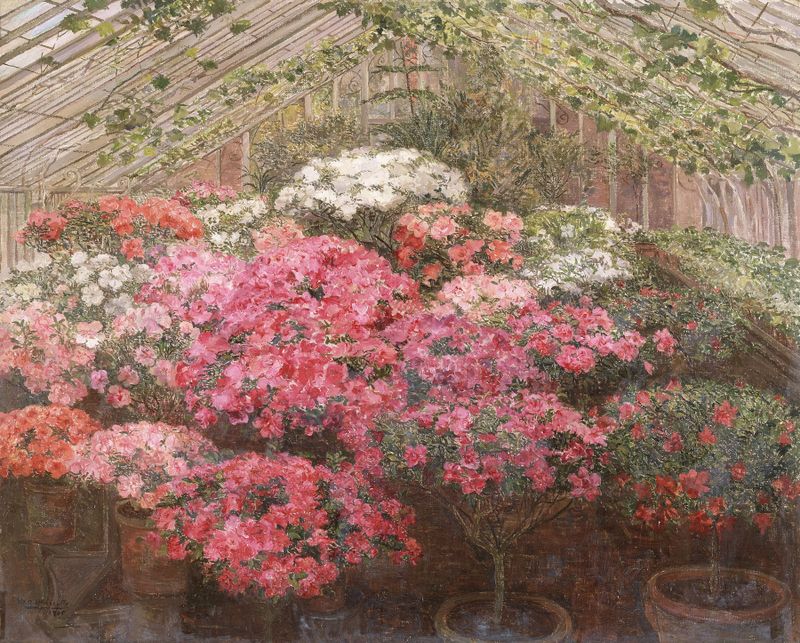 Invernadero con azaleas, pintura al óleo de Marie Antoinette Marcotte