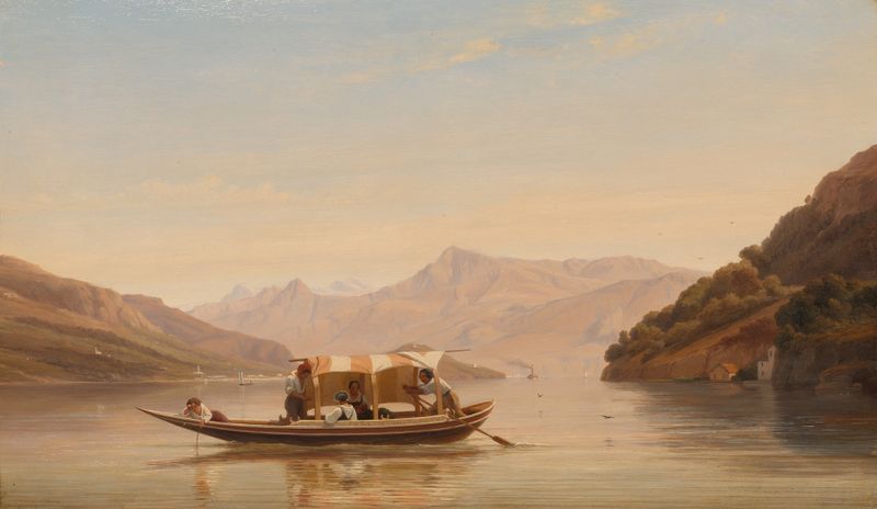 Lago de Como de Pierre Louis Dubourcq, pintura a óleo que retrata um lago sereno com reflexos e um céu azul.