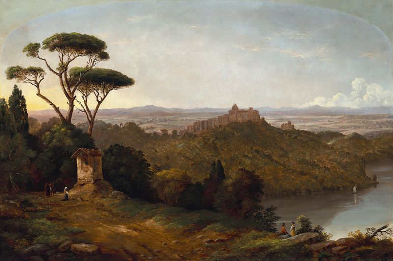Lake Albano landscape with Castle Gondolfo, oil painting by Christopher Pearse Cranch