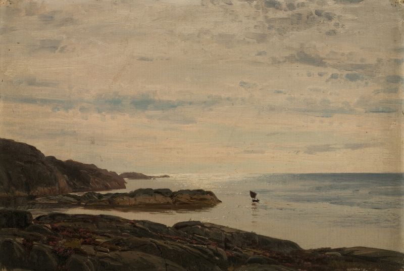 En holme de Amaldus Nielsen, óleo sobre tela que retrata um lago tranquilo com árvores e névoa.