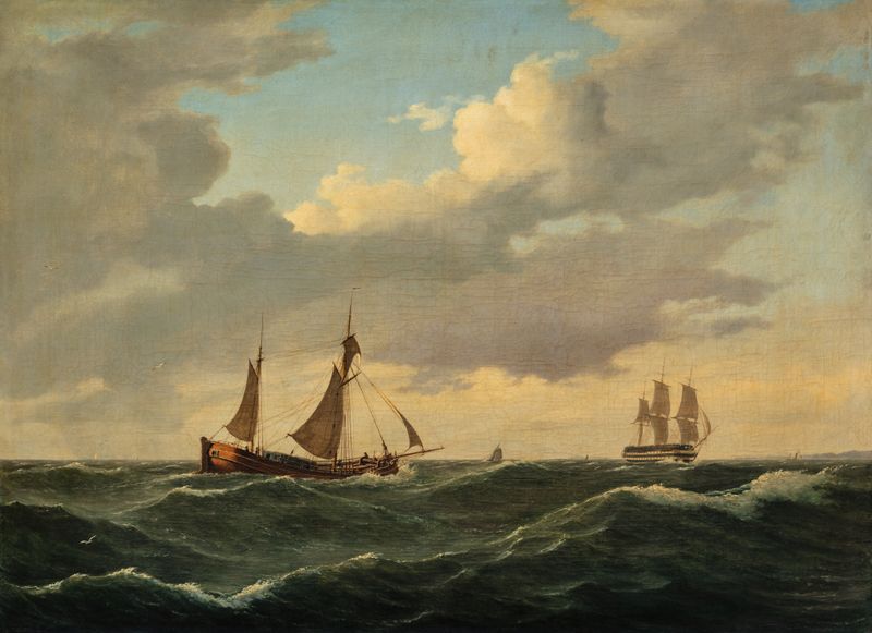 Dutch Koff and Ship of the Line in a Moderate Breeze, oil on canvas by Anton Melbye