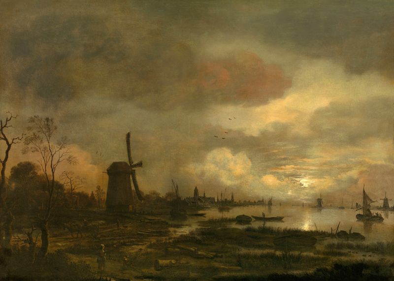 Paisaje de Aert van der Neer, óleo sobre lienzo que muestra una serena escena de río iluminada por la luna.