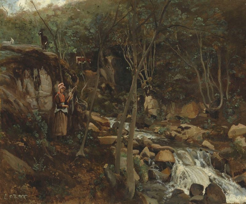 Lormes – Un Torrent Avec Une Chevrière Debout, Filant de Jean-Baptiste-Camille Corot, óleo de um torrente e uma pastora.