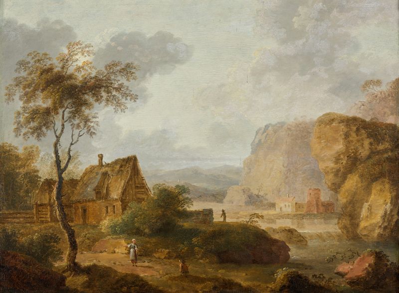 Gebirgslandschaft mit Fluss und Bauernhof by Christian Hilfgott Brand, oil painting depicting mountains and a river.