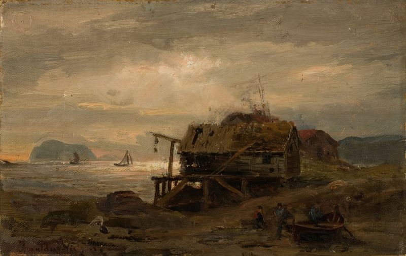 Fiskerhytter, Kinn de Amaldus Nielsen, óleo sobre tela retratando cabanas de pescadores em uma paisagem tranquila.