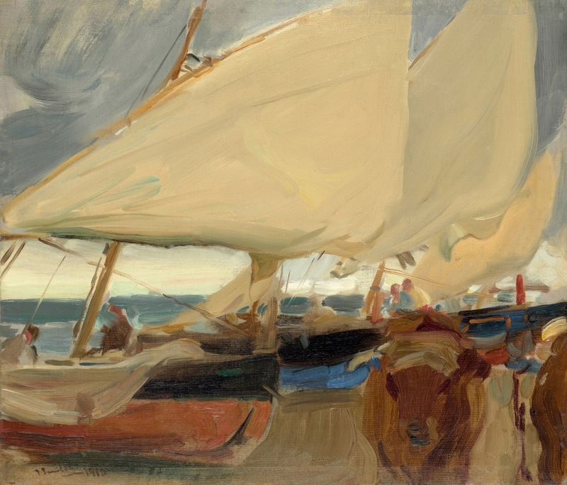 Oil painting by Joaquín Sorolla depicting a beach scene with figures and gentle waves