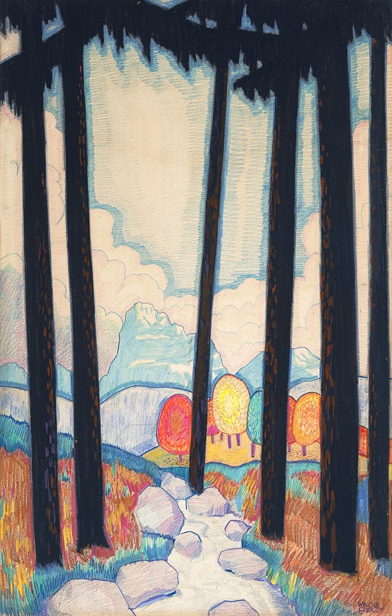 Paisaje de Fritz Winold Reiss, pintura al óleo que representa colinas y cielo con luz y sombra.