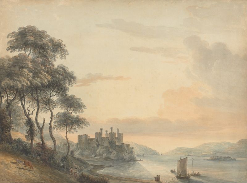 Paisagem de Conway Castle por Paul Sandby, pintura a óleo do Romantismo