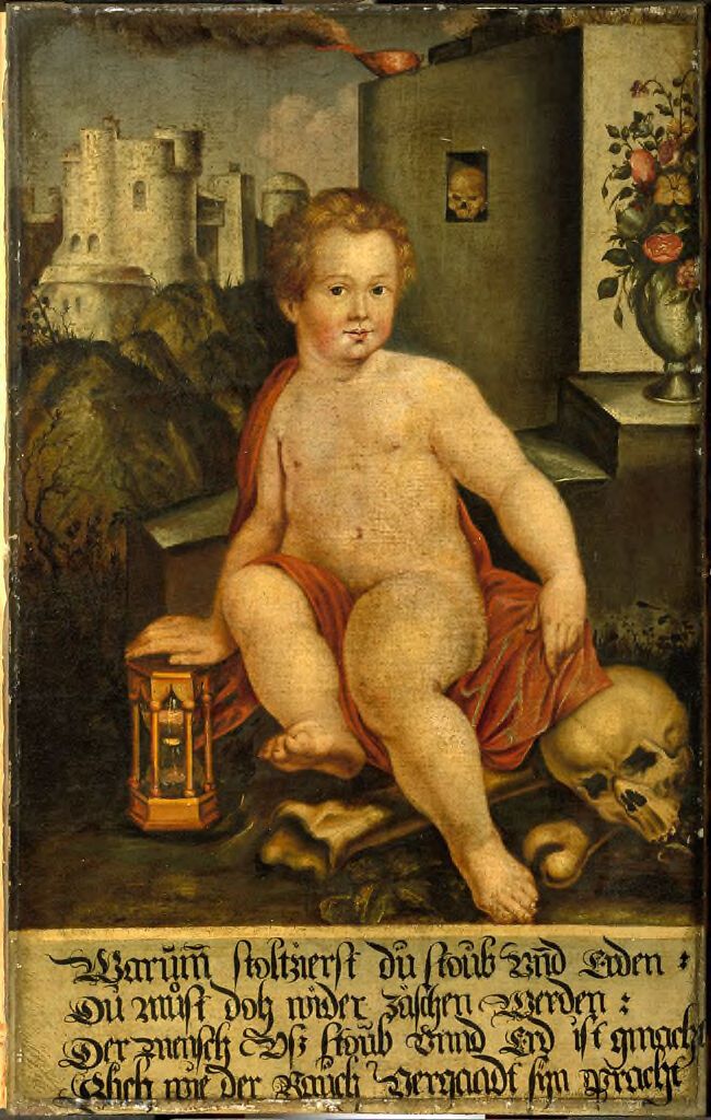 Still life with skull, candle, and flowers, oil on canvas by unidentified artist