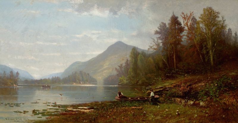 Lake Placid, Nova York de Edward B. Gay, óleo sobre tela mostrando um lago tranquilo e montanhas ao pôr do sol.