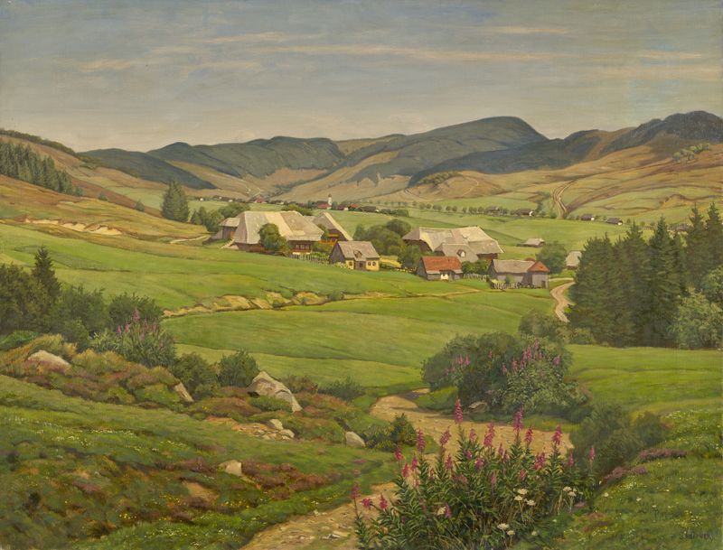 Post-Impressionism landscape by Julius Heffner, depicting rolling hills and a cerulean sky.