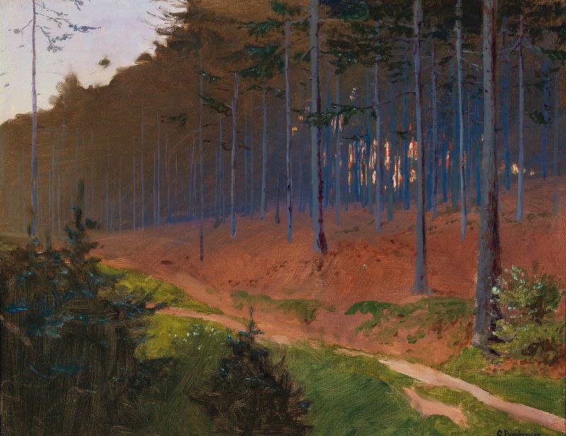 Forest Path near Weinzierl by Gustav Bamberger, oil on canvas depicting a winding path through greenery.