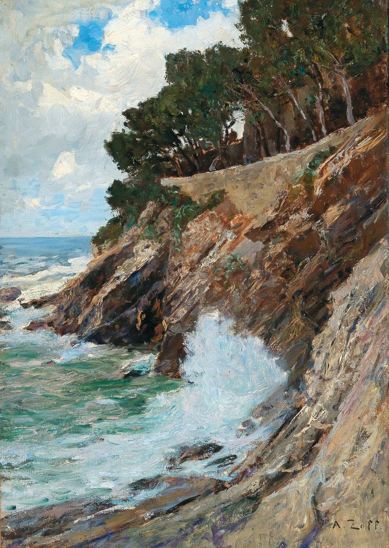 Scene On The Nervi Coast, óleo sobre tela de Alfred Zoff, retratando uma vibrante paisagem marinha com mar azul e ondas.