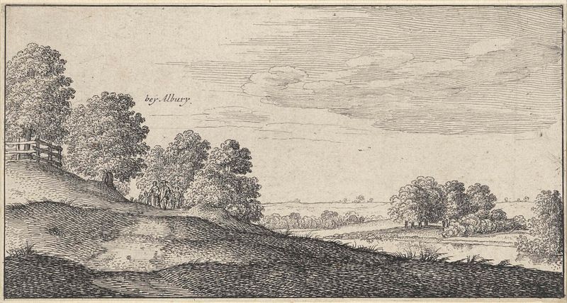 Rivierlandschap met wandelende figuren nabij Albury, grabado de Wenceslaus Hollar que representa un paisaje de río sereno.