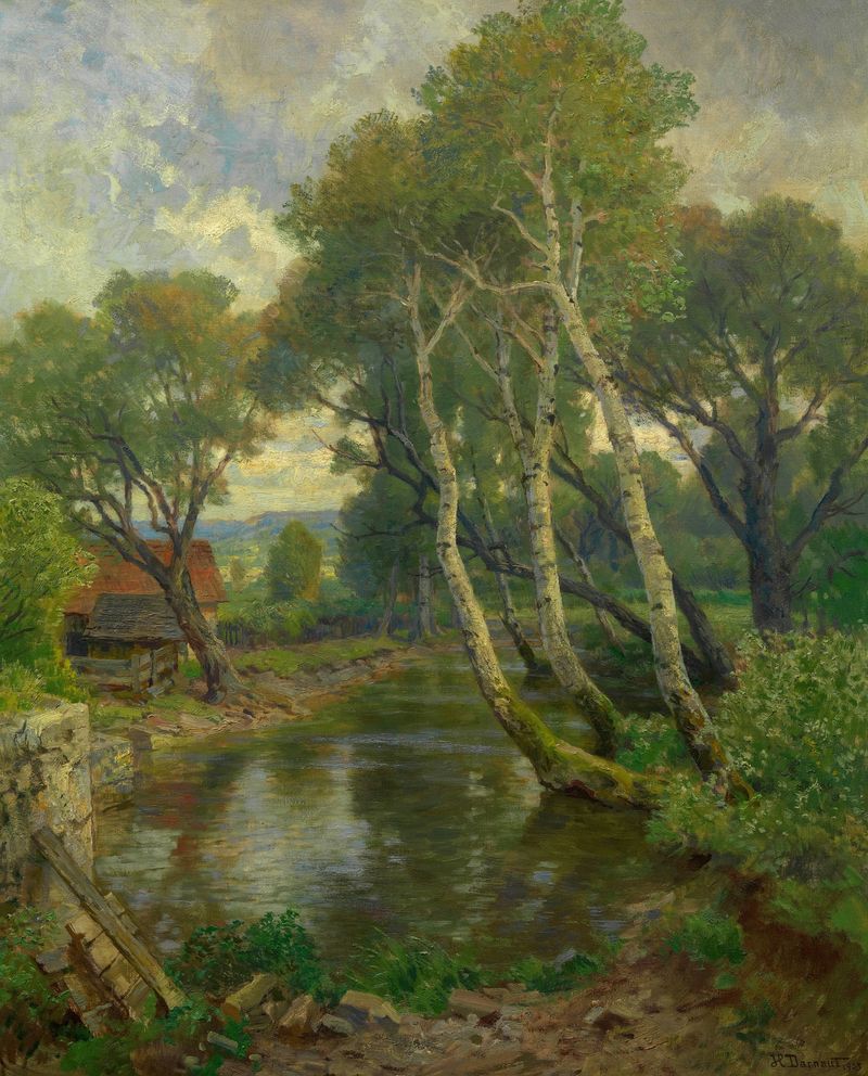 Silberpappeln am Weiher, óleo sobre lienzo de Hugo Darnaut, que muestra álamos plateados y un cielo ominoso.