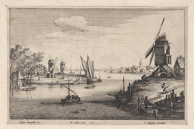 Landschap met drie windmolens langs een rivier, gravura de Wenceslaus Hollar