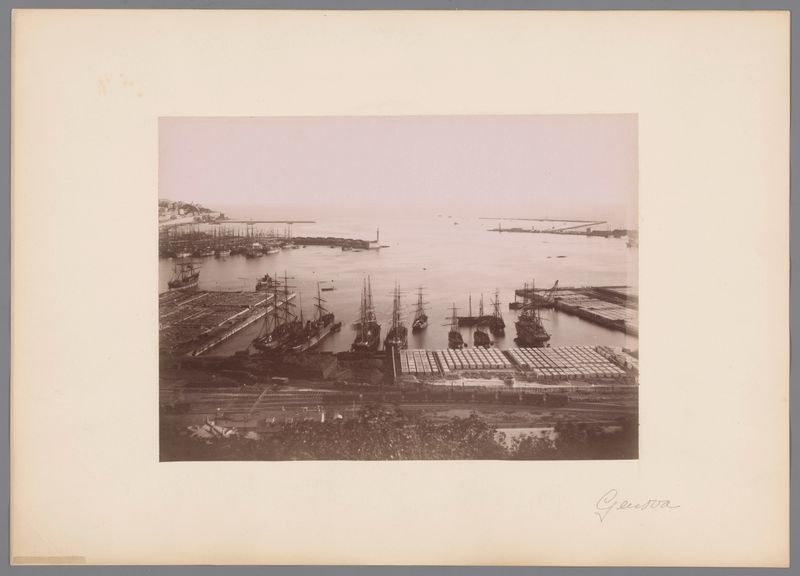 Harbor scene with boats and sunset, albumen print by Alfredo Noack