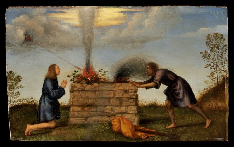 El sacrificio de Caín y Abel, óleo sobre panel de Mariotto Albertinelli, que representa el conflicto fraternal y el sacrif...