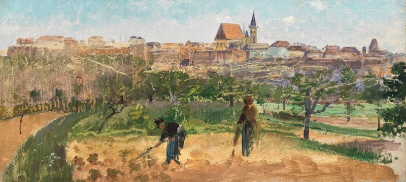 Paisagem de Znojmo com telhados e colinas de Theodor Von Hörmann, pintura a óleo
