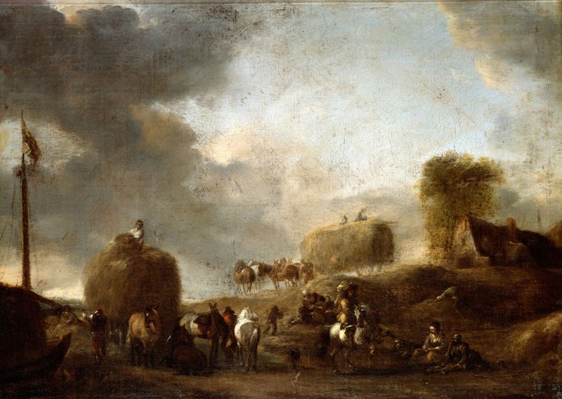 Hay Harvest de Philips Wouwerman, representando trabajadores en campos dorados, pintura al óleo