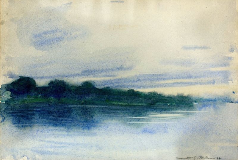 Twilight no. 2, óleo sobre tela de Martha Susan Baker, retratando uma paisagem com tons de âmbar dourado e lavanda.