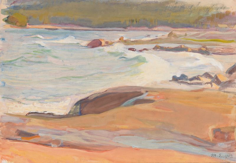 Marine scene with serene waters and darkening sky by Magnus Enckell, oil painting