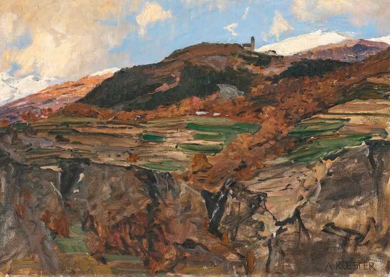 Foehn winds in the Eisack Valley by Alexander Koester, oil painting depicting a stormy landscape.